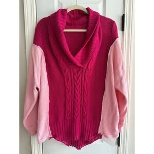 Handmade Upcycled Women’s Pink V Neck Cable Knit Flowy Sweater size Large XL